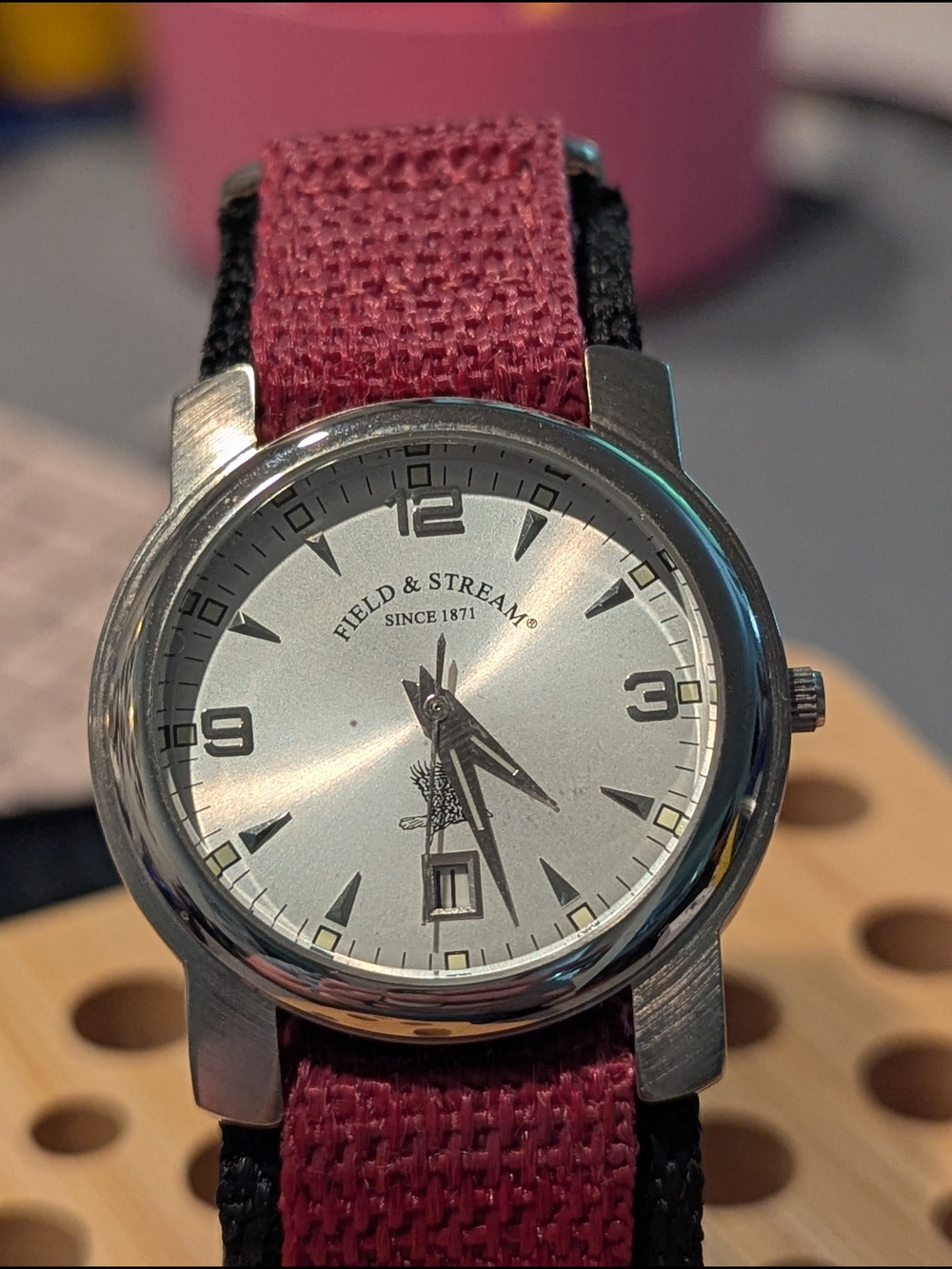 Field & Stream Silver Dial Watch with Burgundy Fabric Strap